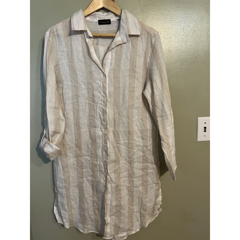 Nicola R Women’s 100% Linen Beige Button Up Tunic Dress Roll Top Sleeves L